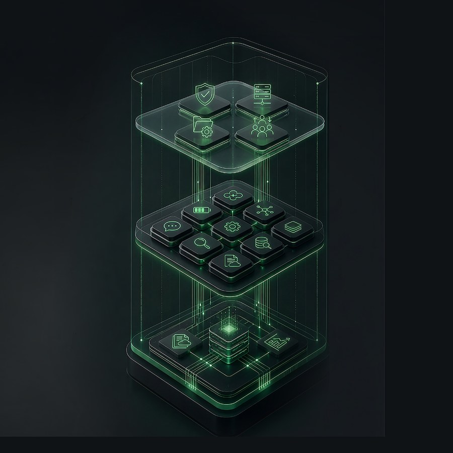 Agent Fabric render: a glass tower of agent tiles stacked on a governed core.