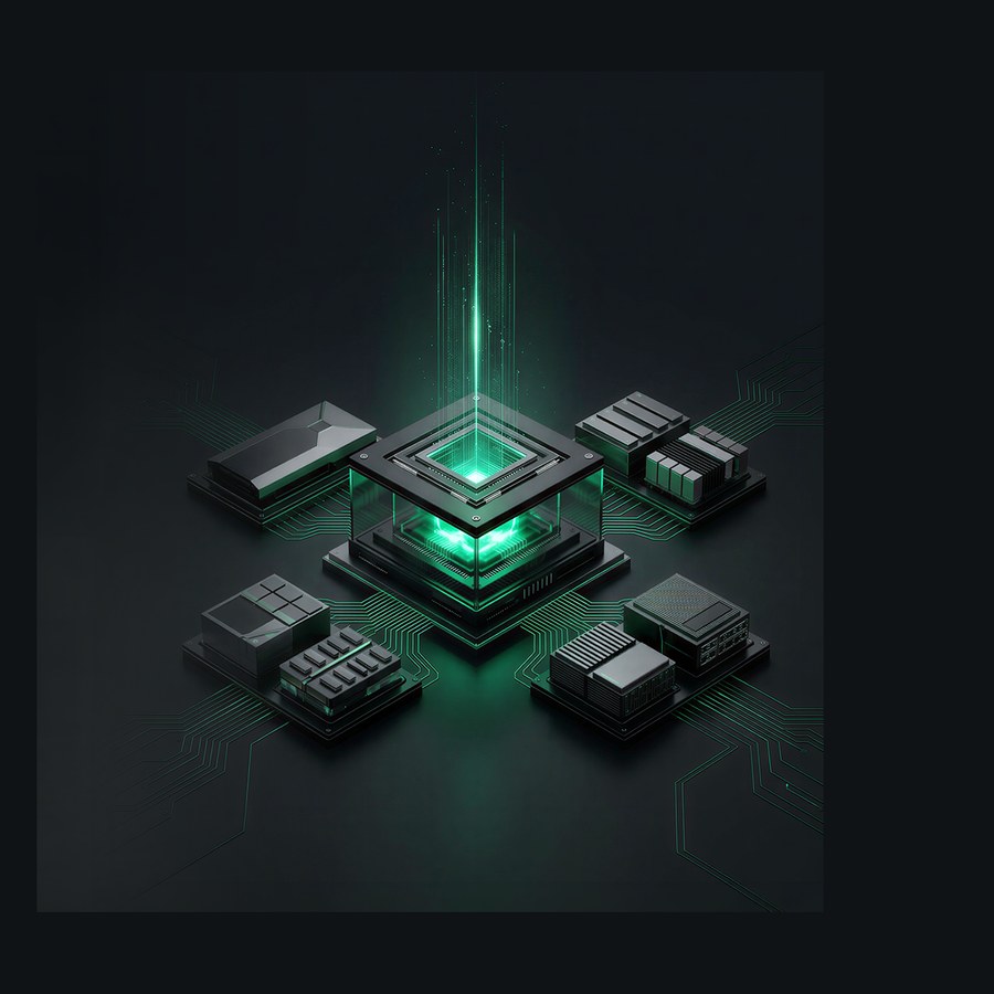 Engine Fabric render: a glowing control core surrounded by compute modules.