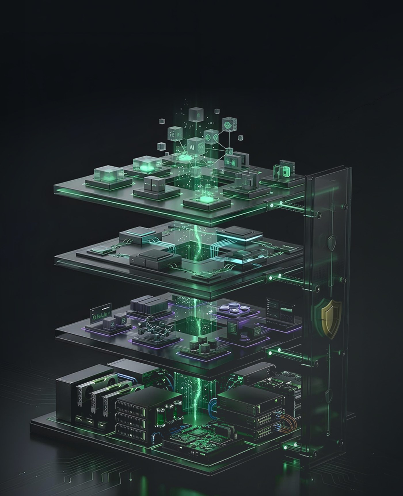 Isometric render of the Sovereign AI Fabric: four stacked layers, with a security shield wrapping the stack.