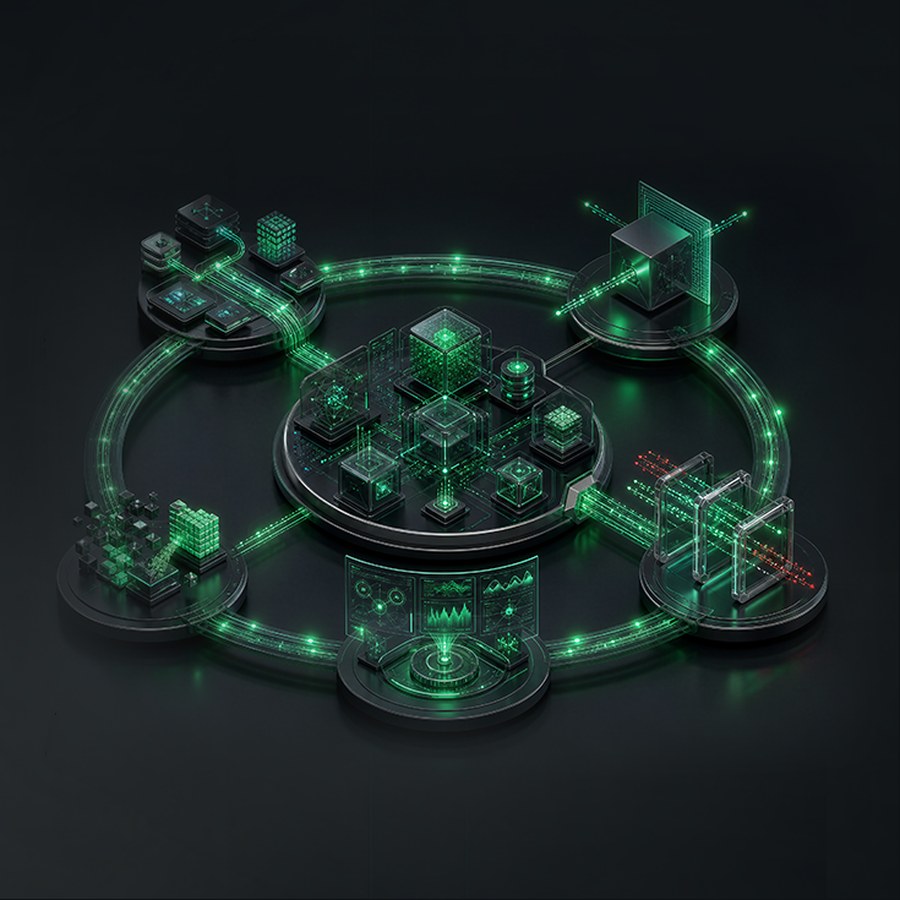 Security Fabric render: a protective ring of monitoring stations around a secured core.
